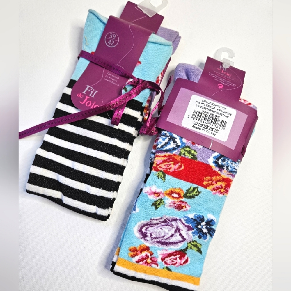 Knee High Floral Striped Socks by FIL de Joie NWT! One pair only.